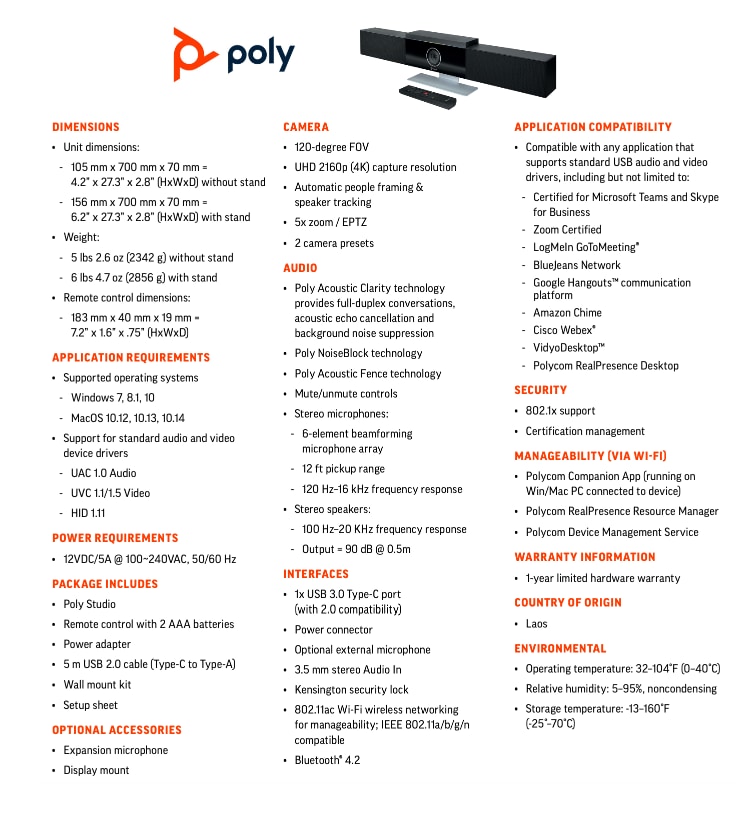 Poly Studio Specifications Details